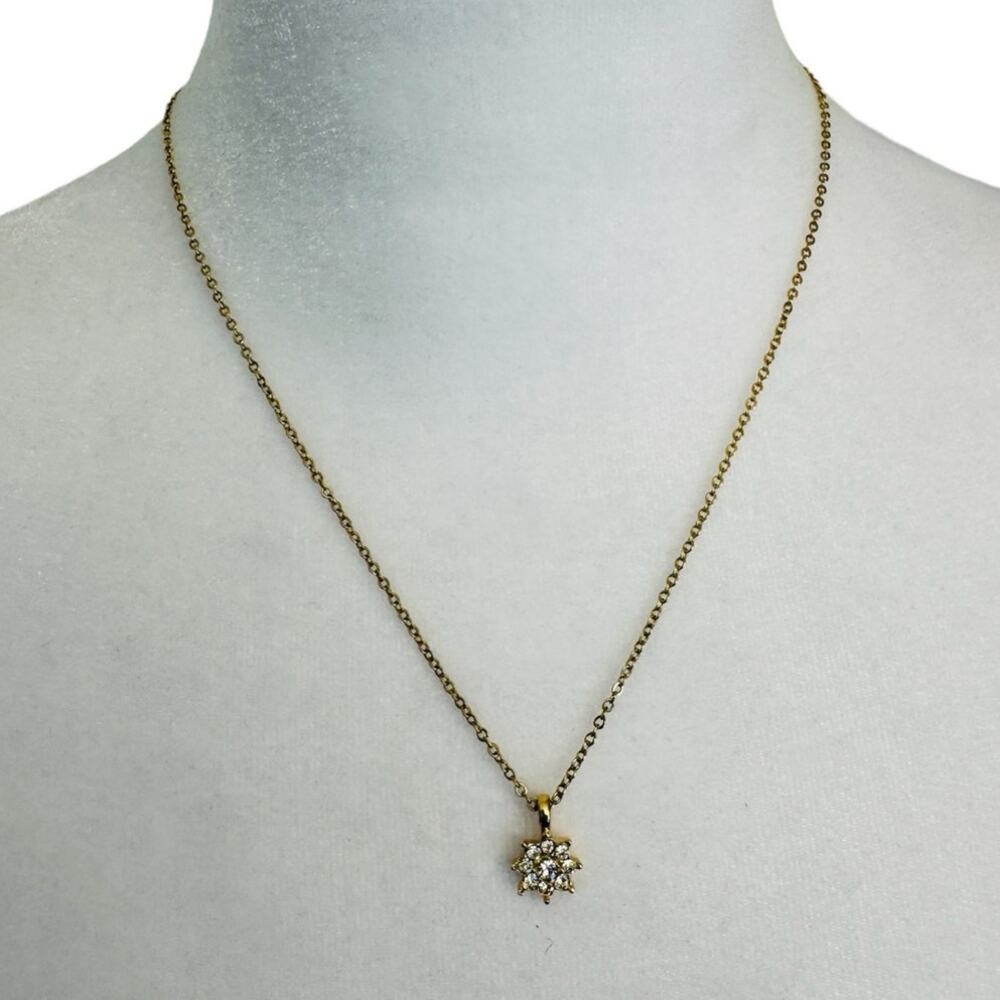 Gold Toned Rhinestone Flower Star Pendant Necklace 18"